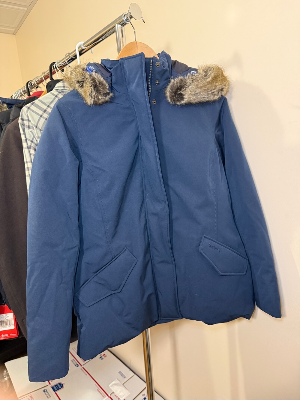 New Barbour Navy Hooded Puffer Jacket with Faux Fur Trim size 6